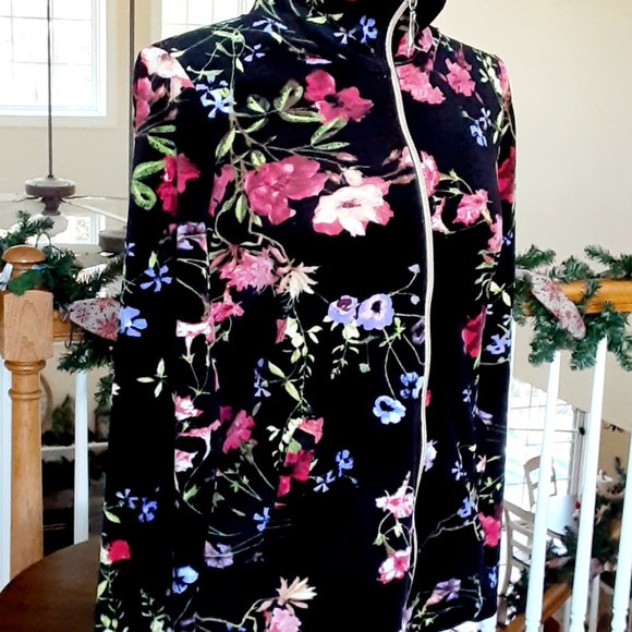 Black Floral Velour Jacket Size S with Gold Full Front Zipper. Oversize - Picture 3 of 8